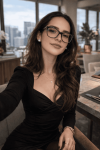 A young woman with long dark hair, wearing glasses and a black dress, smiling confidently while sitting at a modern office desk with a city skyline in the background.